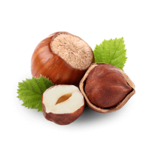 Zdjęcie całego i przepołowionego orzecha laskowego.