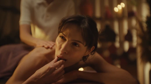 A woman eating an EGO praline during a massage.